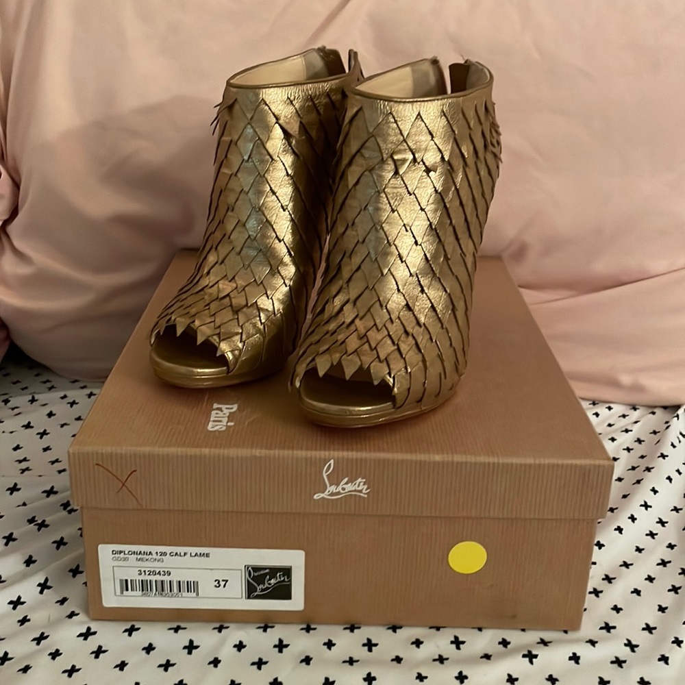Christian Louboutin Gold Woven Peep-Toe Booties